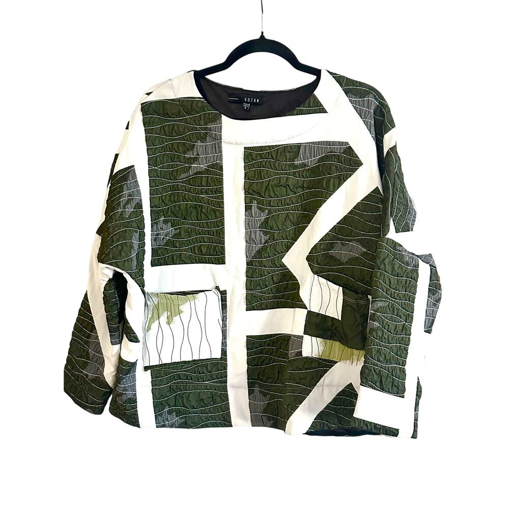 KOZAN Lagenlook Artsy Cactus Green Cream Top Patch Pockets Asymmetric - Sz Small
